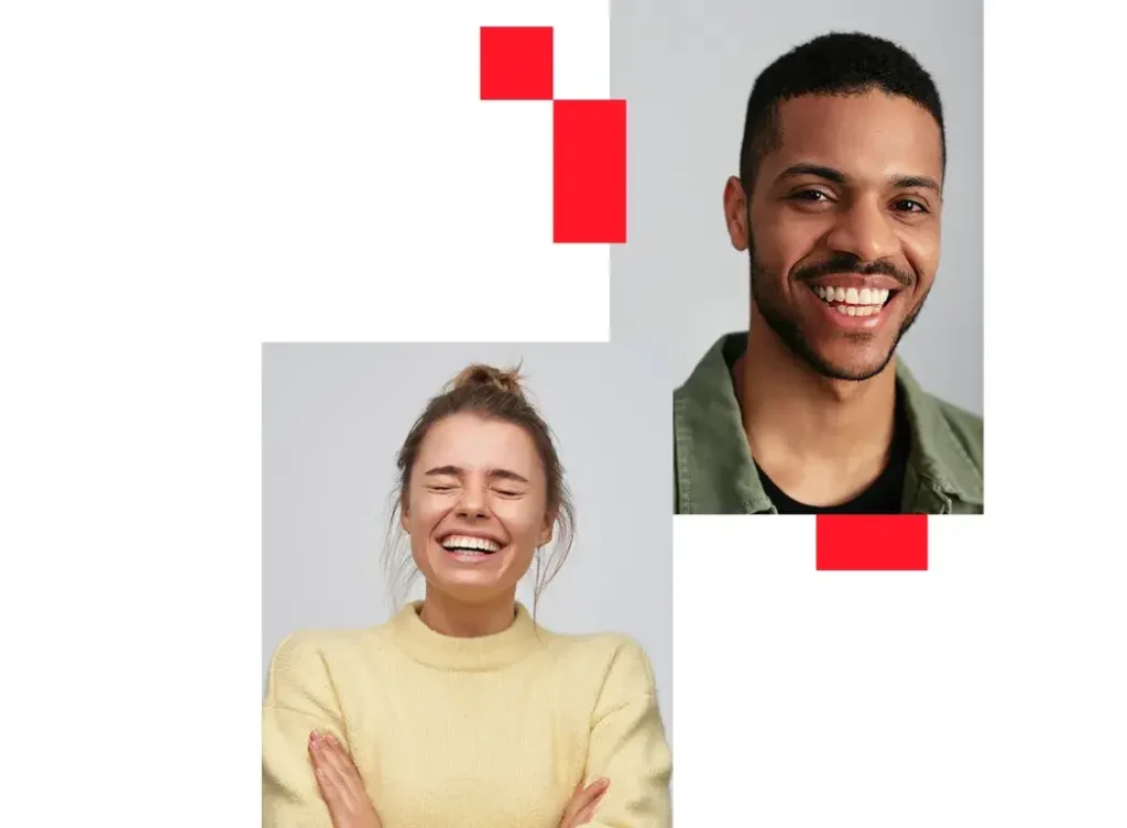 Jeune femme et jeune homme souriants, portraits professionnels illustrant des collaborateurs épanouis