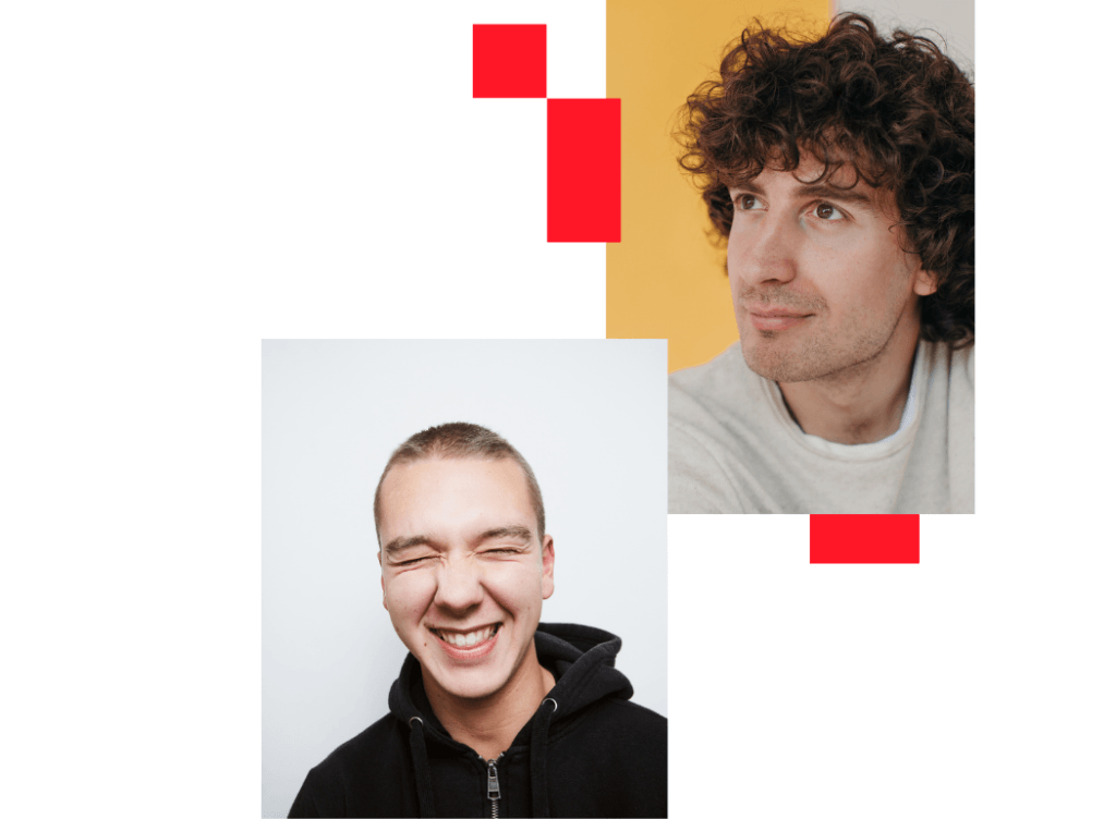 Duo de jeunes collaborateurs souriants, portraits sur fonds colorés, aux couleurs de Great Place To Work® Luxembourg