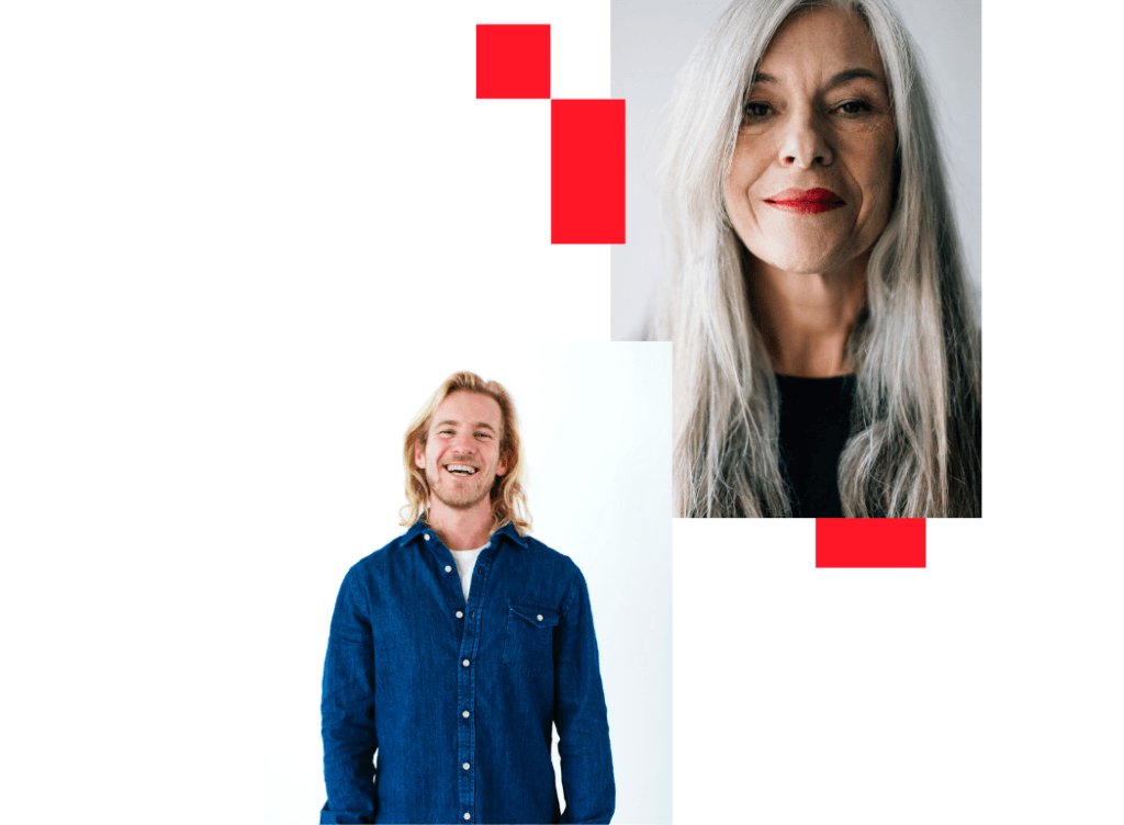 Duo de collaborateurs souriants, portraits sur fonds colorés, aux couleurs de Great Place To Work® Luxembourg