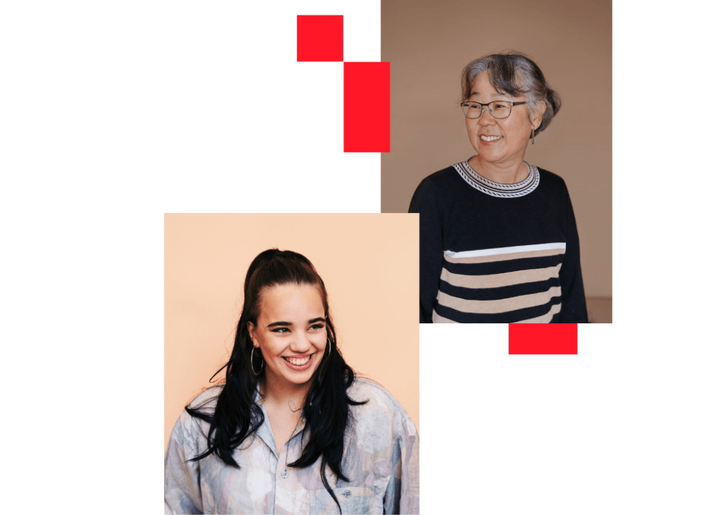 Duo de collaboratrices souriantes, générations différentes, portraits aux couleurs de Great Place To Work® Luxembourg
